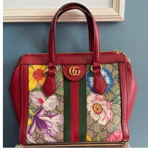 GUCCI GG Supreme Monogram Flora Web Small Ophidia Tote Bag Red